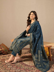 Ethnic Motifs Woven Design Notch Neck Straight Kurta With Trousers & Dupatta