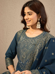 Ethnic Motifs Woven Design Notch Neck Straight Kurta With Trousers & Dupatta
