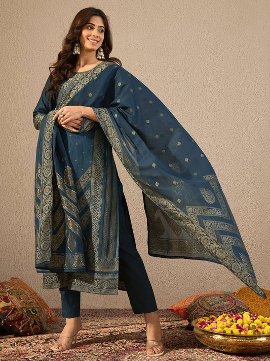 Ethnic Motifs Woven Design Notch Neck Straight Kurta With Trousers & Dupatta