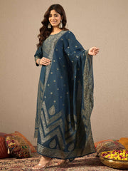 Ethnic Motifs Woven Design Notch Neck Straight Kurta With Trousers & Dupatta