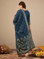 Ethnic Motifs Woven Design Notch Neck Straight Kurta With Trousers & Dupatta