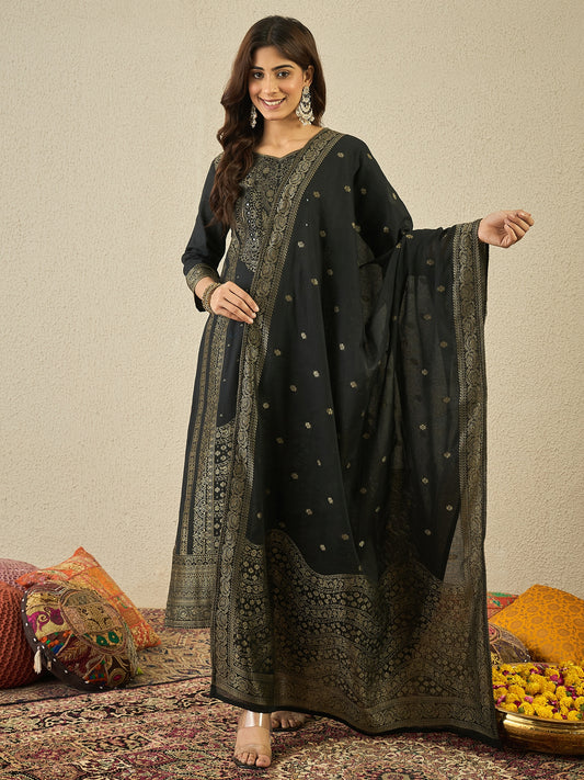 Ethnic Motifs Woven Design Notch Neck Straight Kurta With Trousers & Dupatta