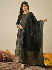 Ethnic Motifs Woven Design Notch Neck Straight Kurta With Trousers & Dupatta