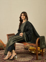 Ethnic Motifs Woven Design Notch Neck Straight Kurta With Trousers & Dupatta