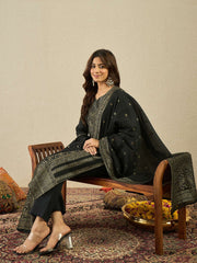 Ethnic Motifs Woven Design Notch Neck Straight Kurta With Trousers & Dupatta