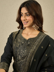 Ethnic Motifs Woven Design Notch Neck Straight Kurta With Trousers & Dupatta