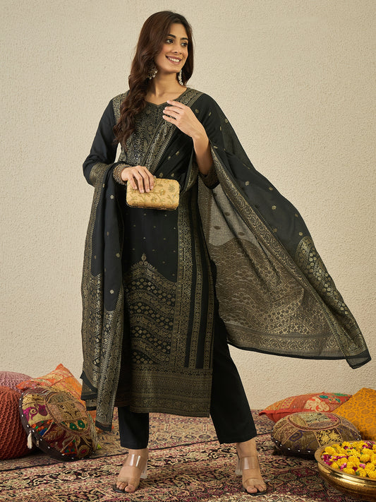 Ethnic Motifs Woven Design Notch Neck Straight Kurta With Trousers & Dupatta