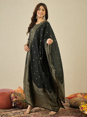 Ethnic Motifs Woven Design Notch Neck Straight Kurta With Trousers & Dupatta