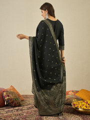 Ethnic Motifs Woven Design Notch Neck Straight Kurta With Trousers & Dupatta