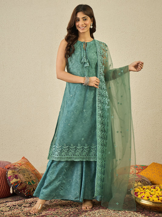 Women Floral Embroidered Kurta with Sharara & Dupatta