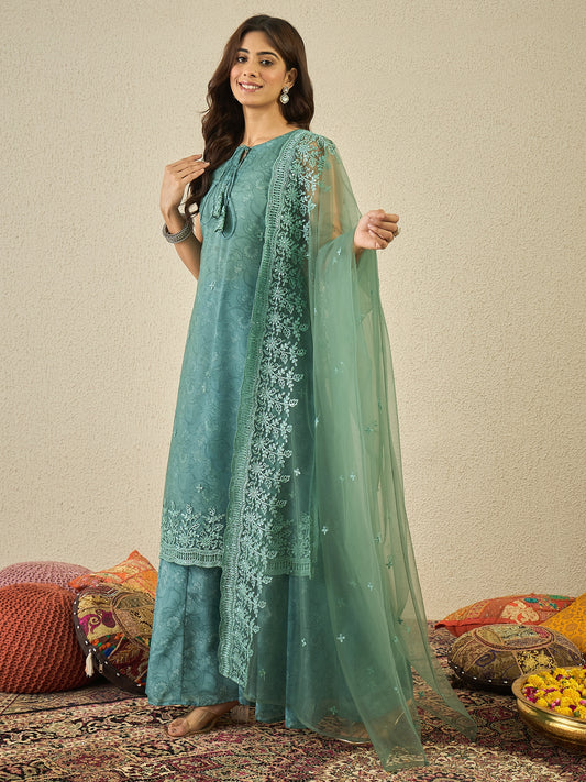 Women Floral Embroidered Kurta with Sharara & Dupatta