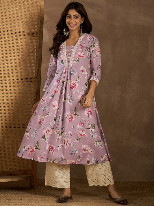 Women Floral Printed Thread Work Kurta