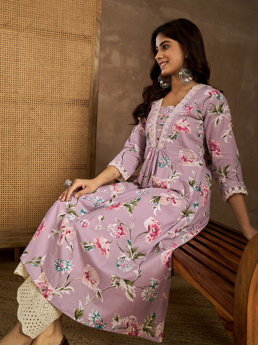 Women Floral Printed Thread Work Kurta