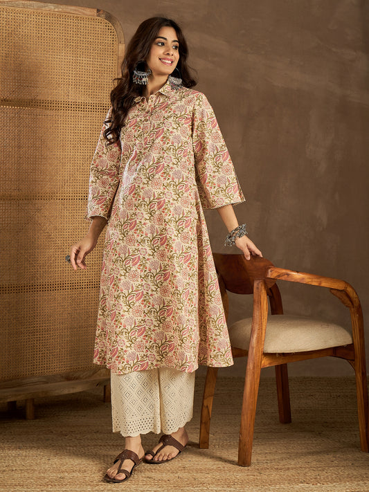 Women Floral Printed Flared Sleeves Gotta Patti Floral Kurta