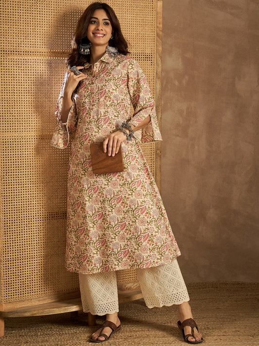 Women Floral Printed Flared Sleeves Gotta Patti Floral Kurta