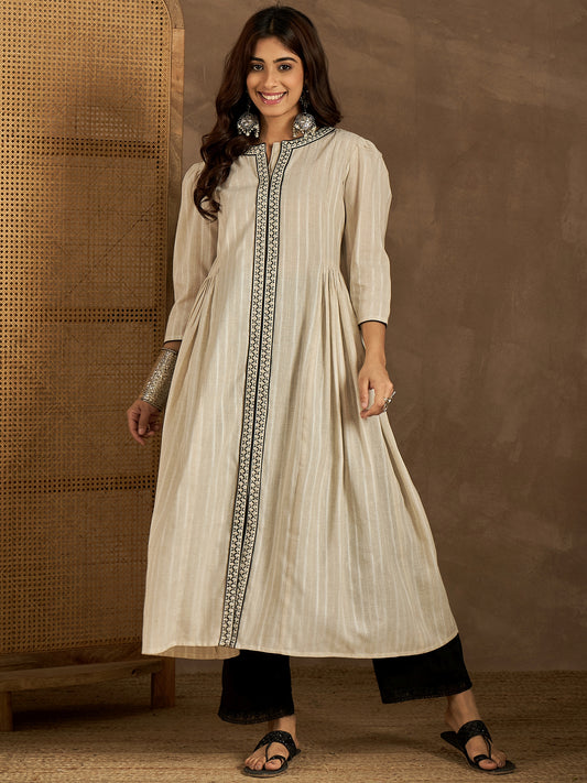 Women Striped Solid Daily Cotton A-Line Kurta
