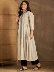 Women Striped Solid Daily Cotton A-Line Kurta