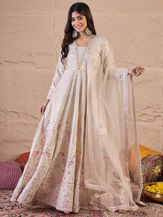 Floral Embroidered Sequinned Silk Ethnic Dress With Dupatta