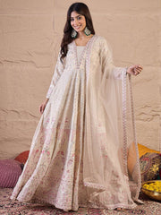 Floral Embroidered Sequinned Silk Ethnic Dress With Dupatta