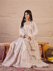 Floral Embroidered Sequinned Silk Ethnic Dress With Dupatta