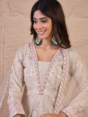 Floral Embroidered Sequinned Silk Ethnic Dress With Dupatta