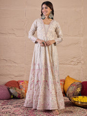 Floral Embroidered Sequinned Silk Ethnic Dress With Dupatta