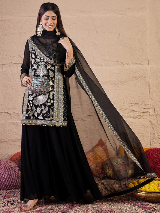 Women Embroidered Kurta with Sharara & Dupatta