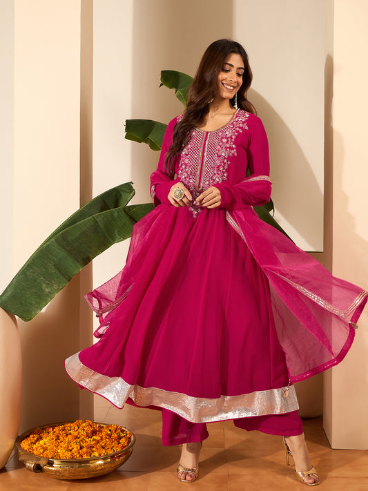 Floral Embroidered Anarkali Thread Work Kurta With Palazzos & Dupatta