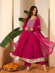 Floral Embroidered Anarkali Thread Work Kurta With Palazzos & Dupatta
