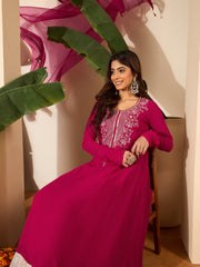 Floral Embroidered Anarkali Thread Work Kurta With Palazzos & Dupatta