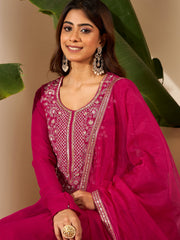 Floral Embroidered Anarkali Thread Work Kurta With Palazzos & Dupatta