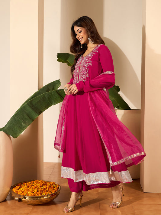Floral Embroidered Anarkali Thread Work Kurta With Palazzos & Dupatta