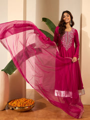 Floral Embroidered Anarkali Thread Work Kurta With Palazzos & Dupatta