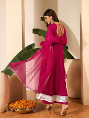 Floral Embroidered Anarkali Thread Work Kurta With Palazzos & Dupatta