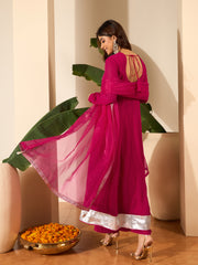 Floral Embroidered Anarkali Thread Work Kurta With Palazzos & Dupatta