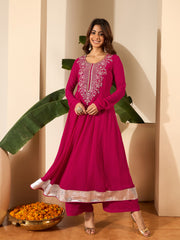 Floral Embroidered Anarkali Thread Work Kurta With Palazzos & Dupatta
