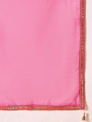 Floral Embroidered Anarkali Thread Work Kurta With Palazzos & Dupatta