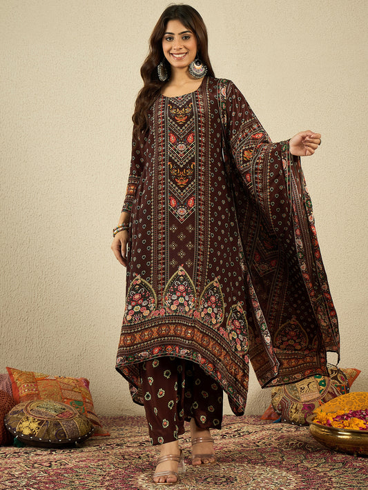 Ethnic Motifs Printed Silk Crepe Straight Kurta With Trousers & Dupatta
