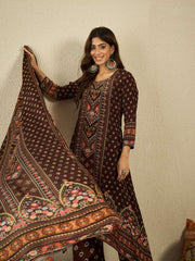 Ethnic Motifs Printed Silk Crepe Straight Kurta With Trousers & Dupatta