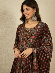 Ethnic Motifs Printed Silk Crepe Straight Kurta With Trousers & Dupatta