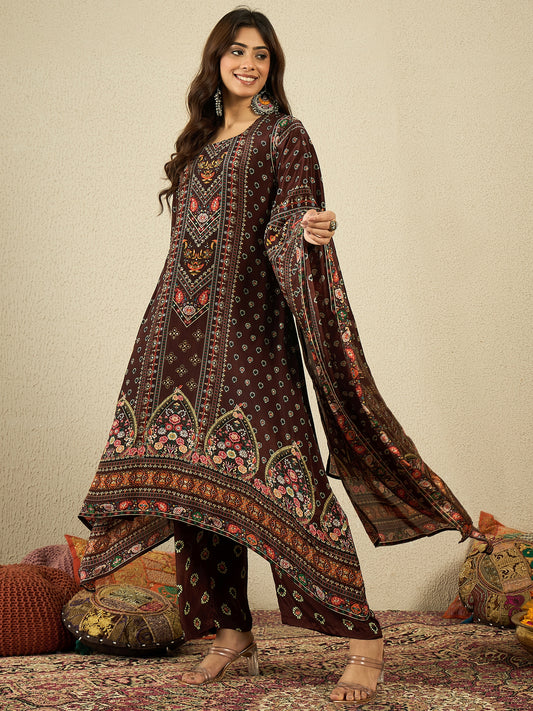 Ethnic Motifs Printed Silk Crepe Straight Kurta With Trousers & Dupatta