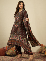 Ethnic Motifs Printed Silk Crepe Straight Kurta With Trousers & Dupatta