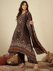 Ethnic Motifs Printed Silk Crepe Straight Kurta With Trousers & Dupatta