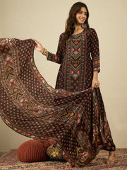 Ethnic Motifs Printed Silk Crepe Straight Kurta With Trousers & Dupatta