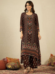 Ethnic Motifs Printed Silk Crepe Straight Kurta With Trousers & Dupatta