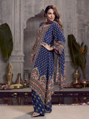 Ethnic Motifs Printed Beads and Stones Silk Crepe Kurta With Palazzos & Dupatta