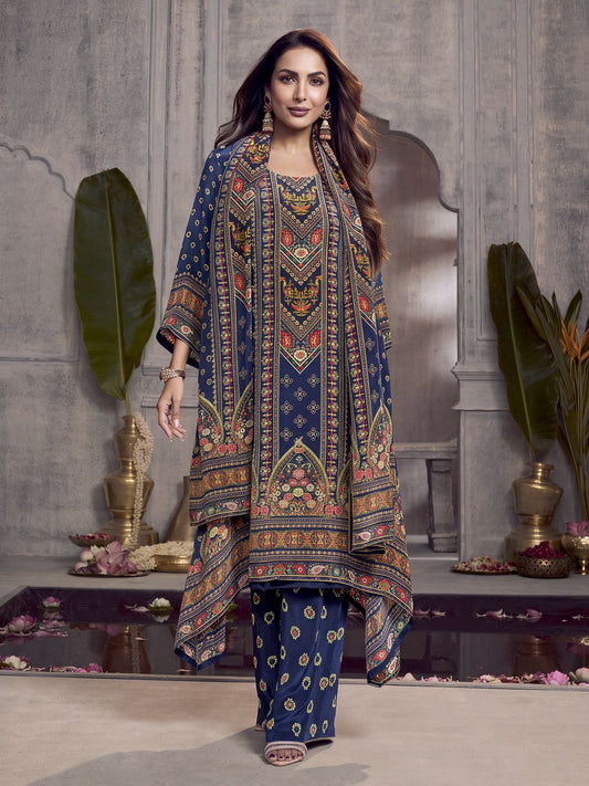 Ethnic Motifs Printed Beads and Stones Silk Crepe Kurta With Palazzos & Dupatta