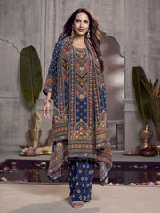 Ethnic Motifs Printed Beads and Stones Silk Crepe Kurta With Palazzos & Dupatta