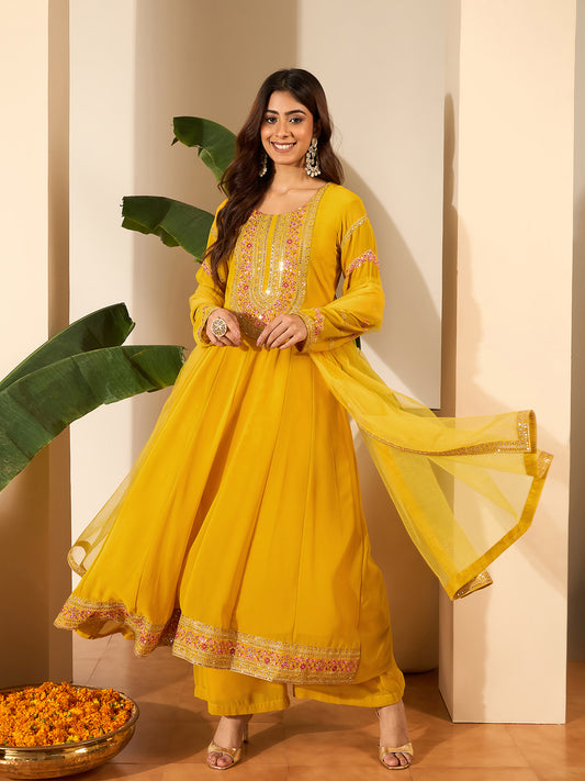 Women Ethnic Motifs Embroidered Tiered Sequinned Kurta with Trousers & With Dupatta