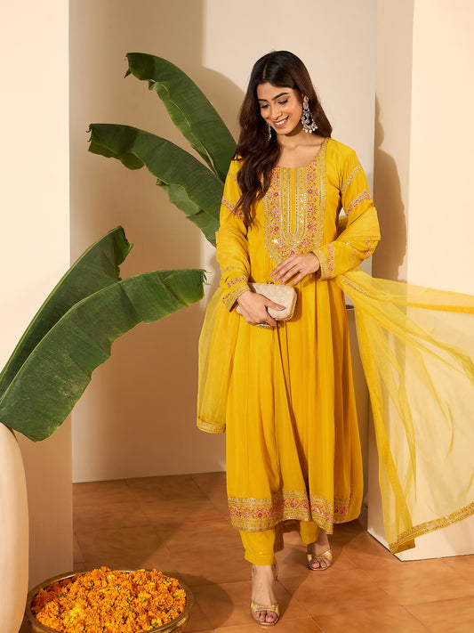 Women Ethnic Motifs Embroidered Tiered Sequinned Kurta with Trousers & With Dupatta